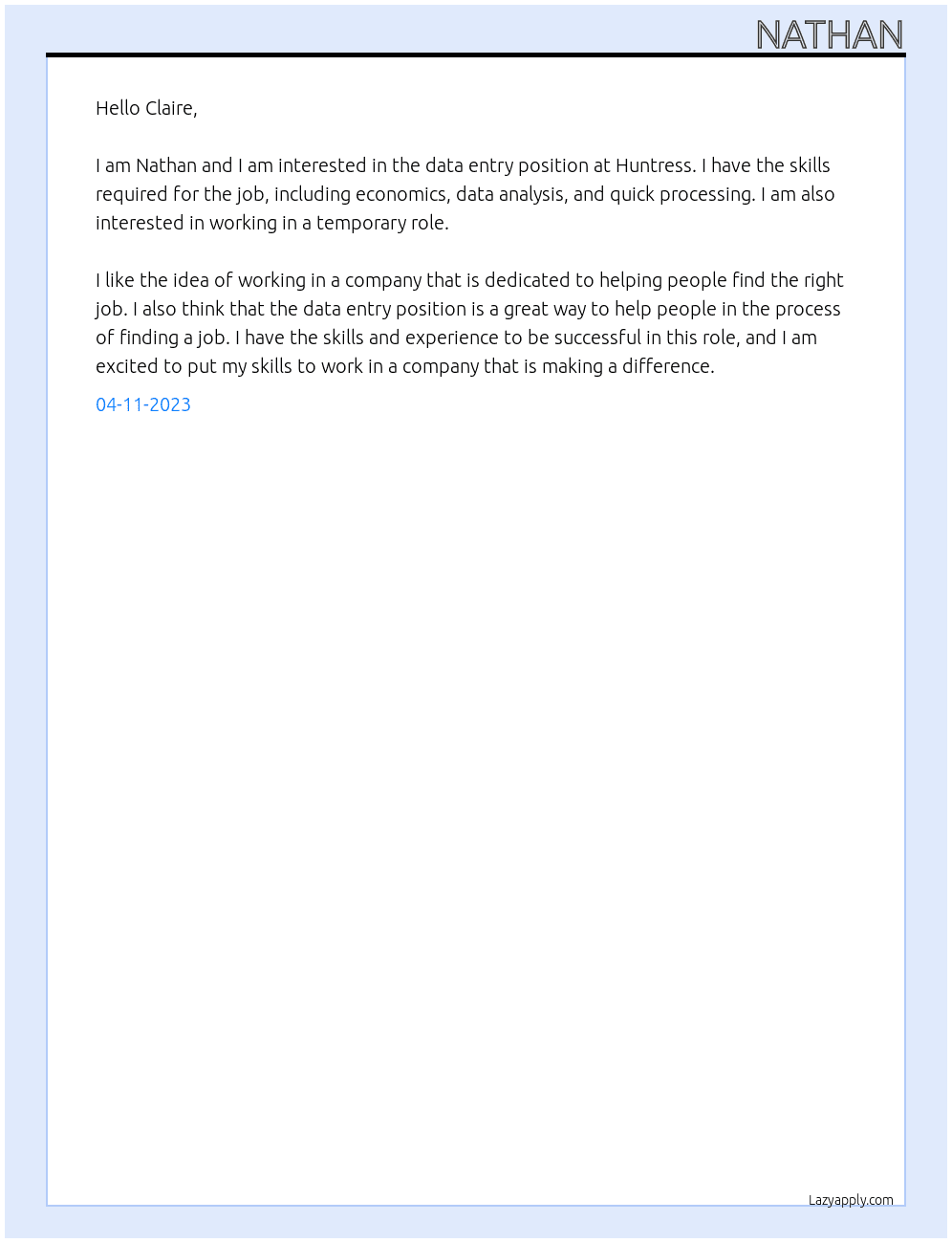 data entry At Huntress Cover Letter
