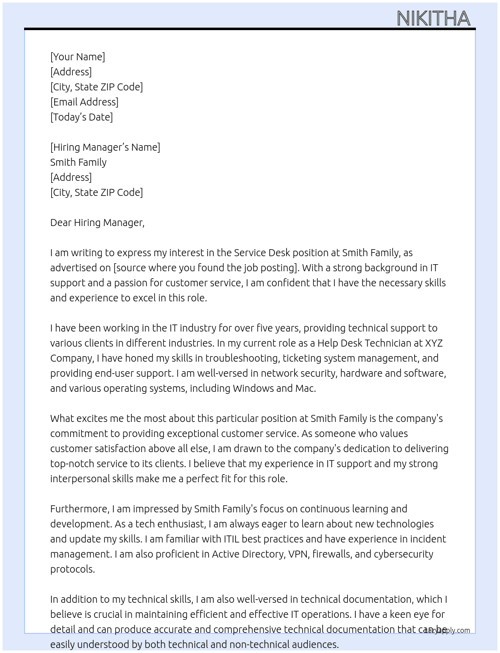 service desk At Smith family Cover Letter