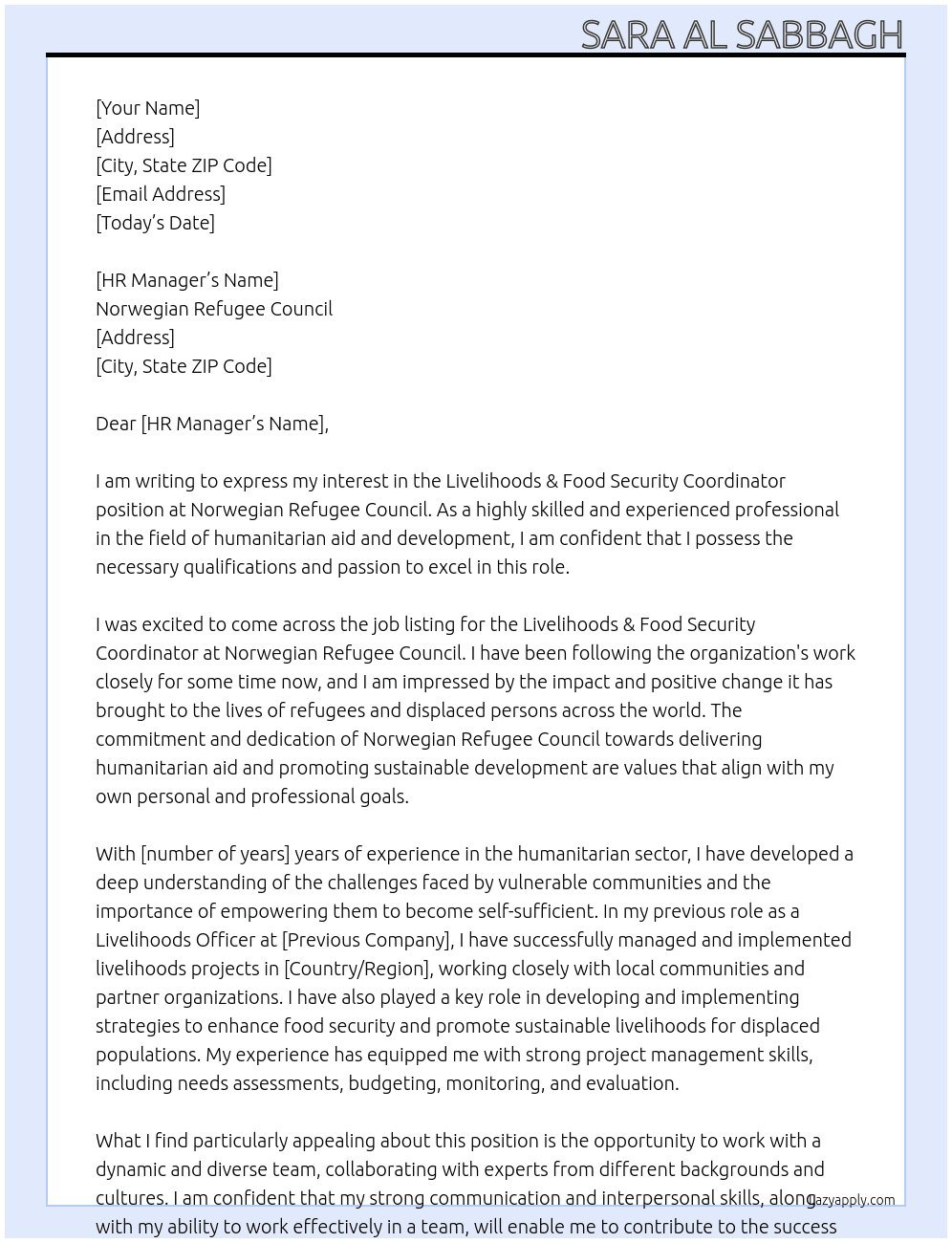 Livelihoods & Food Security Coordinator At Norwegian Refugee Council Cover Letter