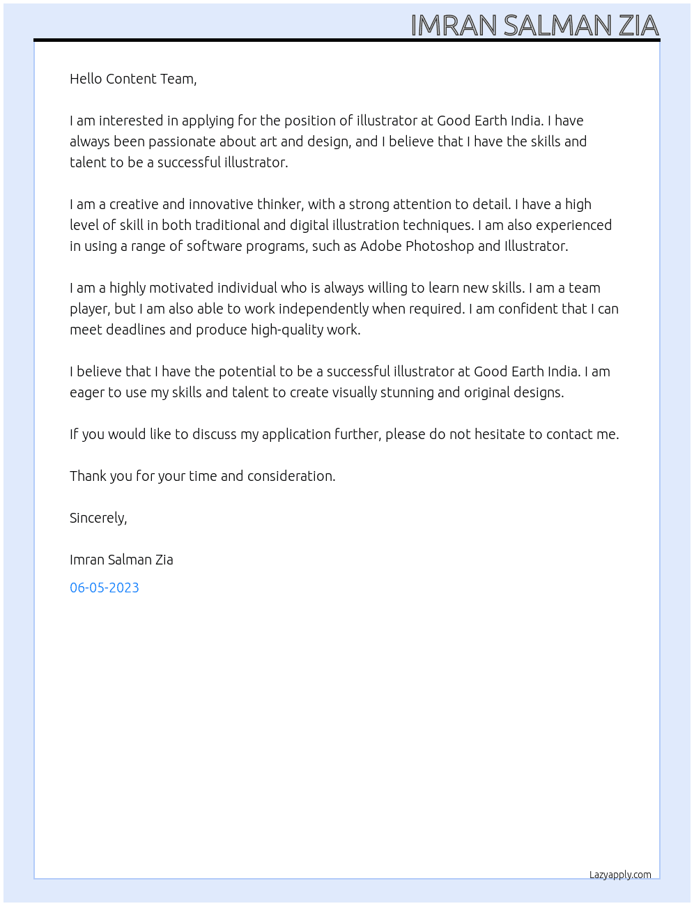 illustrator At Good Earth India Cover Letter