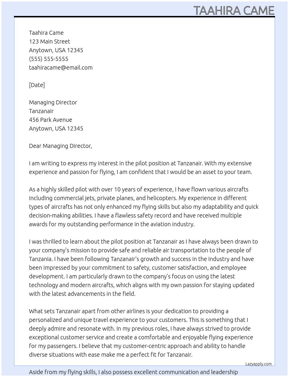 Pilot At Tanzanair Cover Letter