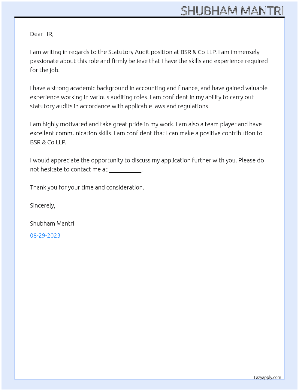Statutory Audit At BSR & Co LLP Cover Letter