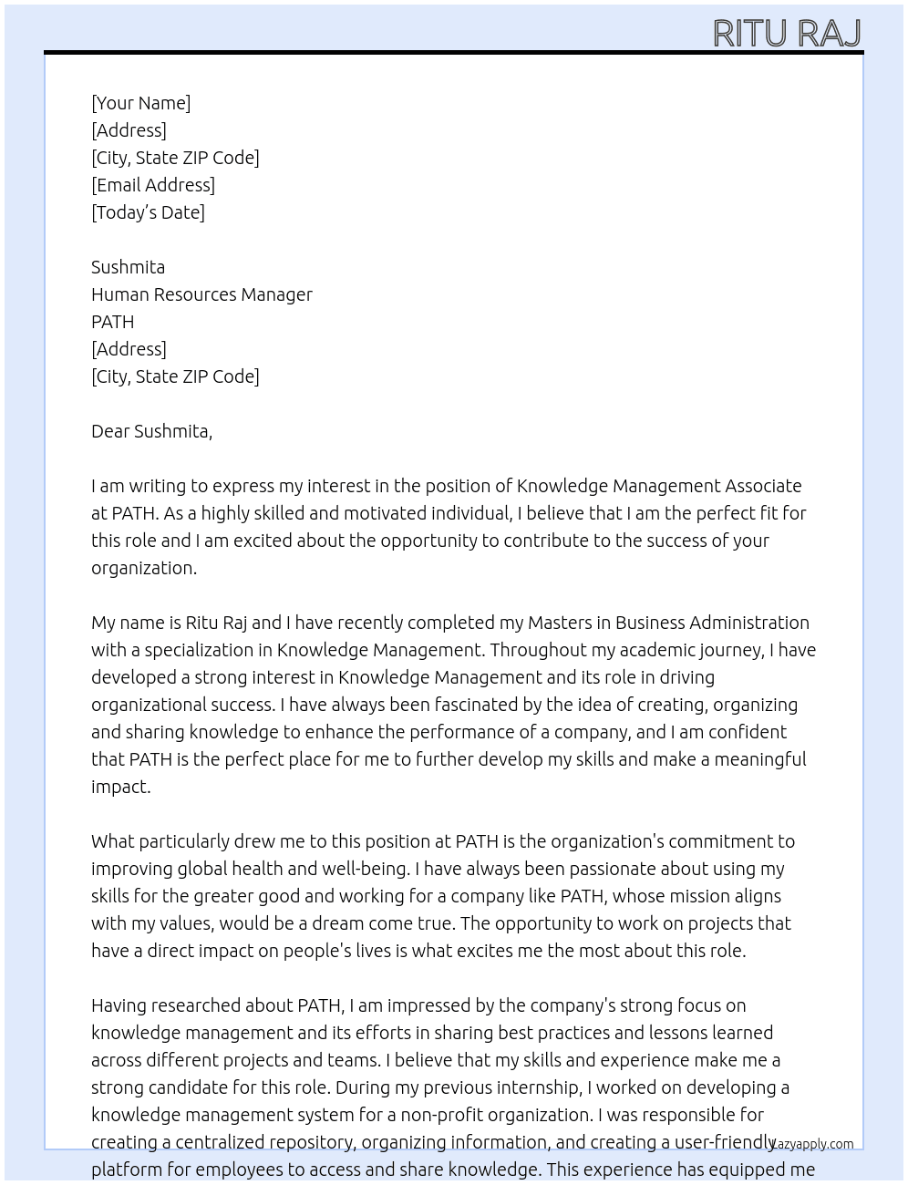 Knowledge Management Associate  At PATH Cover Letter
