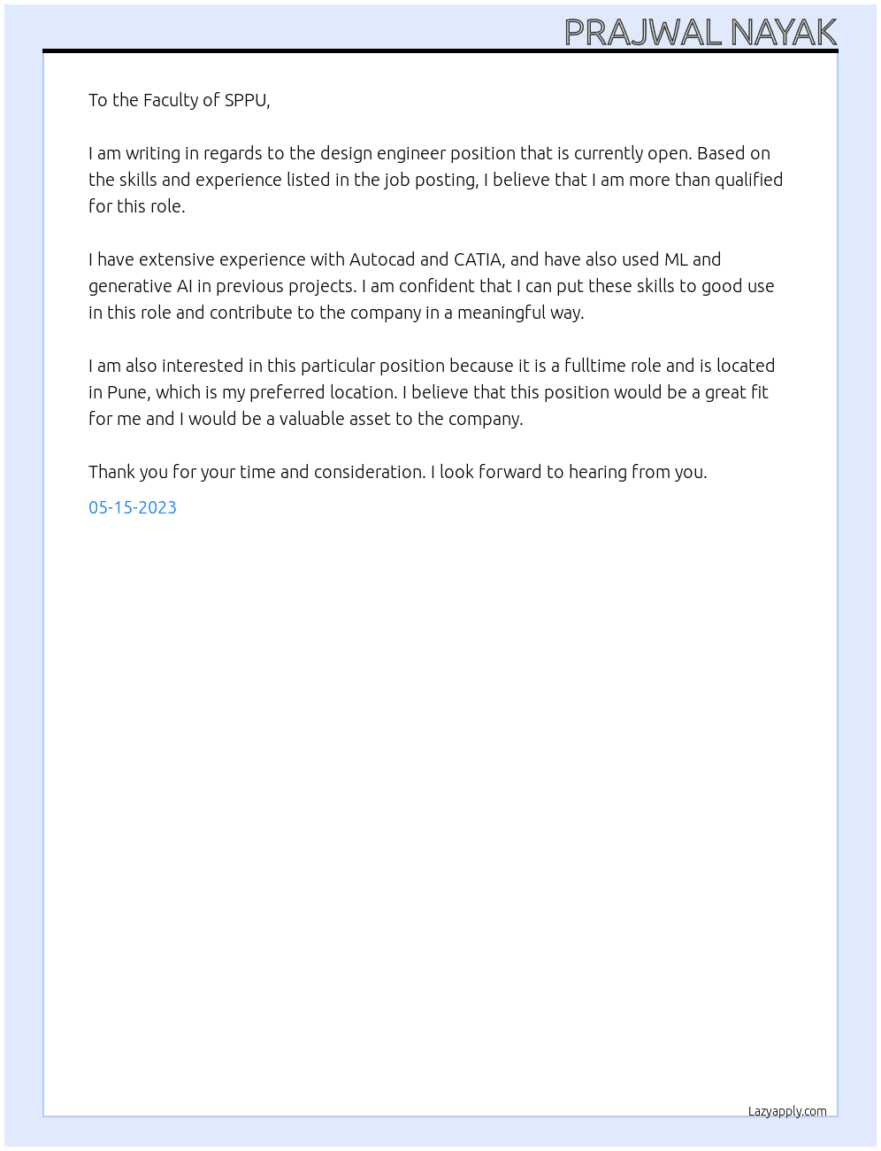 Design Engineer At SPPU Cover Letter