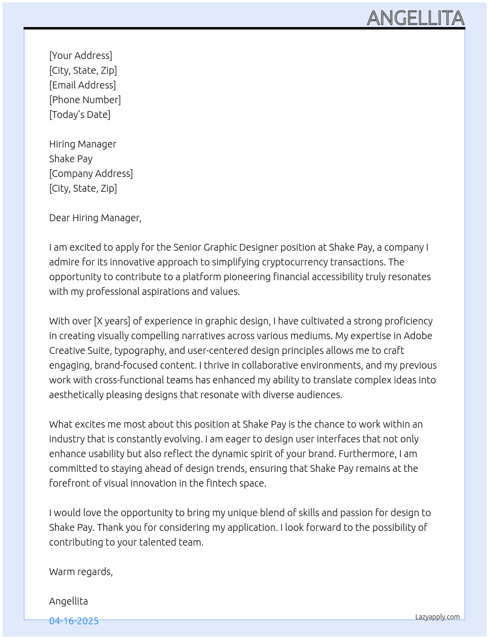 senior graphic designer  At shake pay Cover Letter
