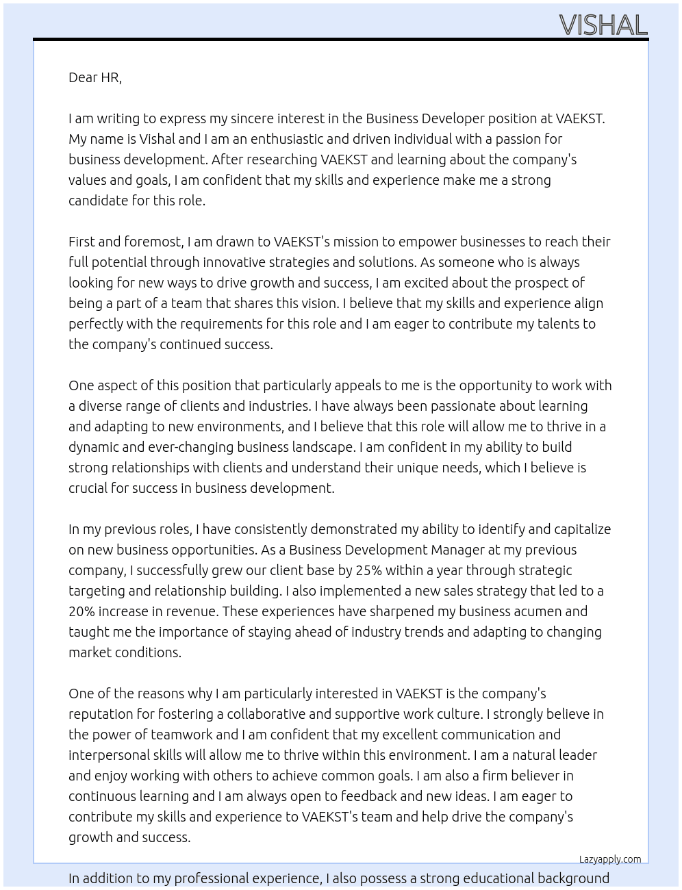 Business Developer At VAEKST Cover Letter