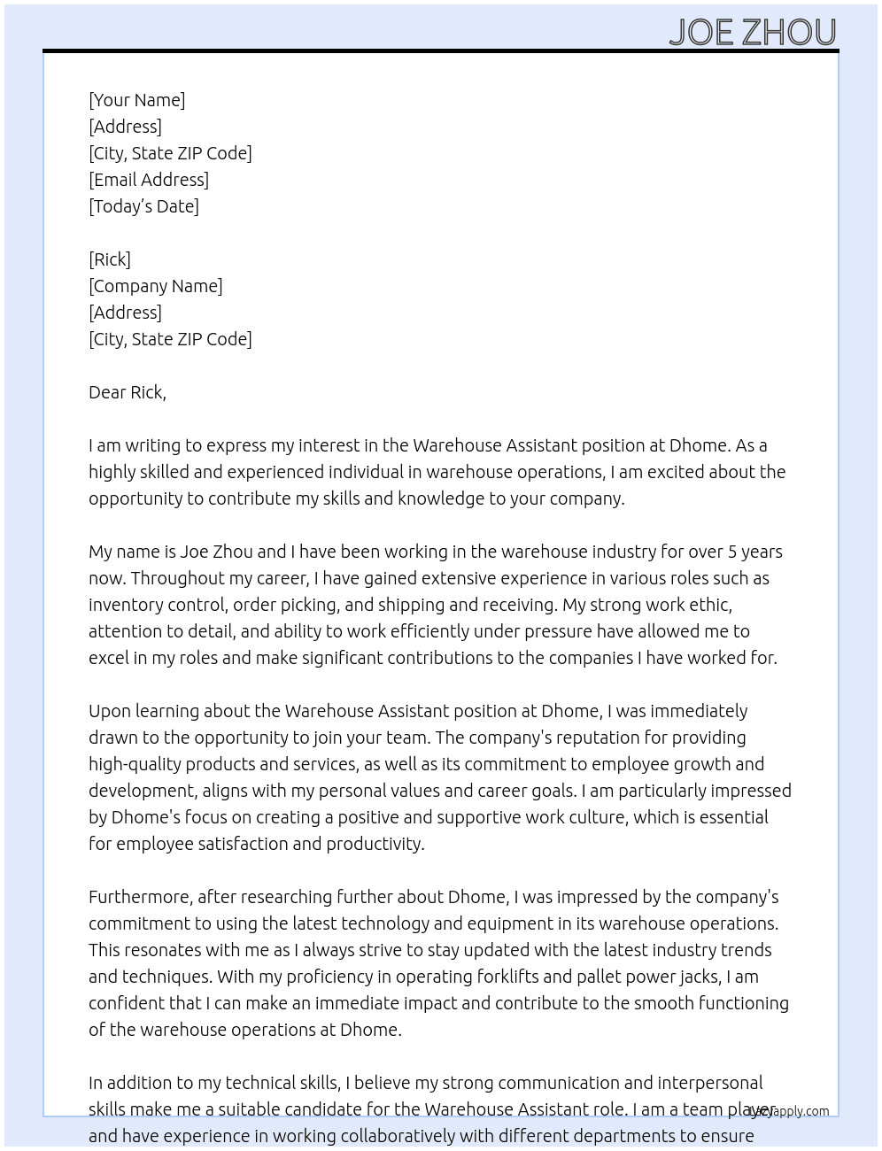 warehouse assistant At Dhome Cover Letter