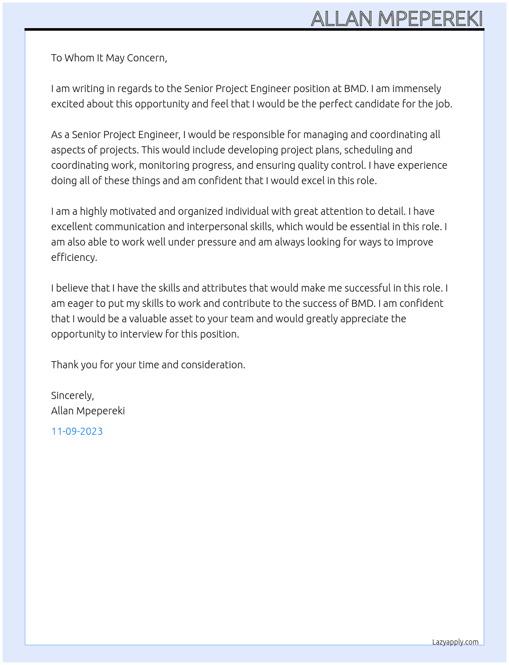 Senior Project Engineer At BMD Cover Letter