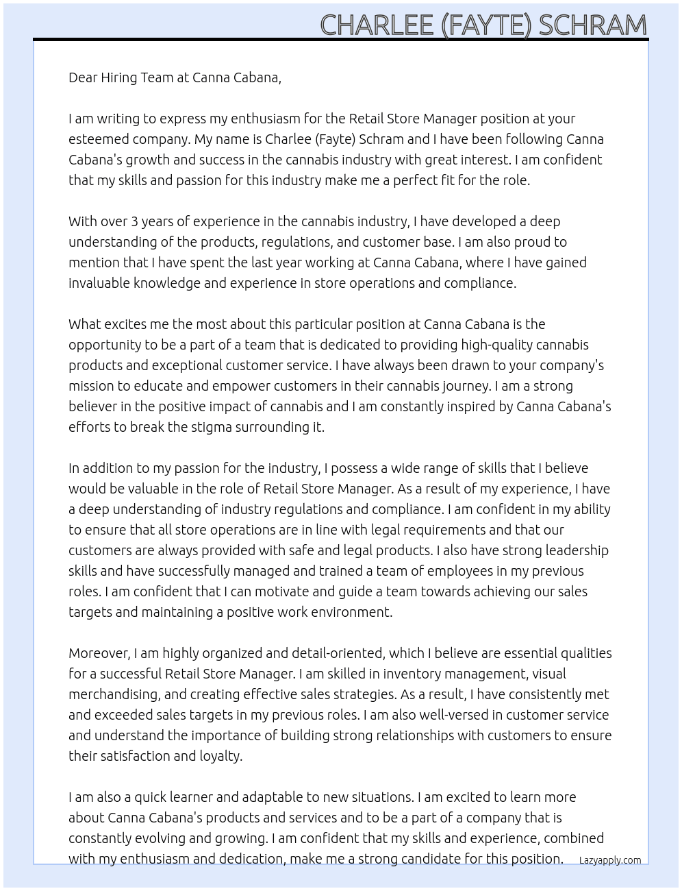 Retail Store Manger At Canna Cabana Cover Letter