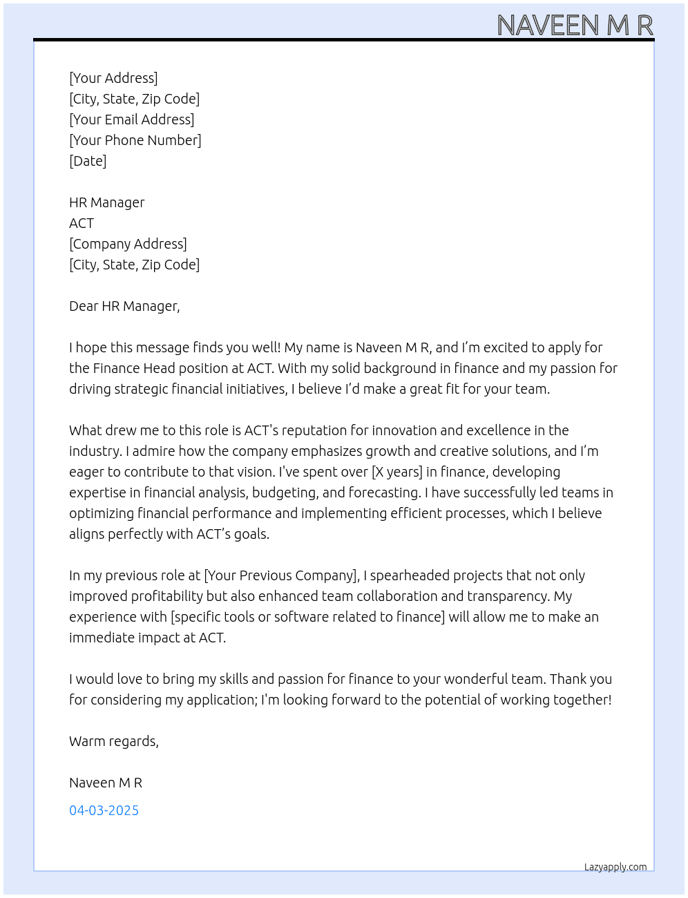 FINANCE HEAD At ACT Cover Letter