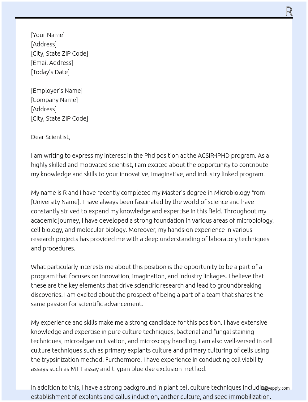 Phd position At ACSIR-iPHD program( innovative,imaginative, and industry linked) Cover Letter