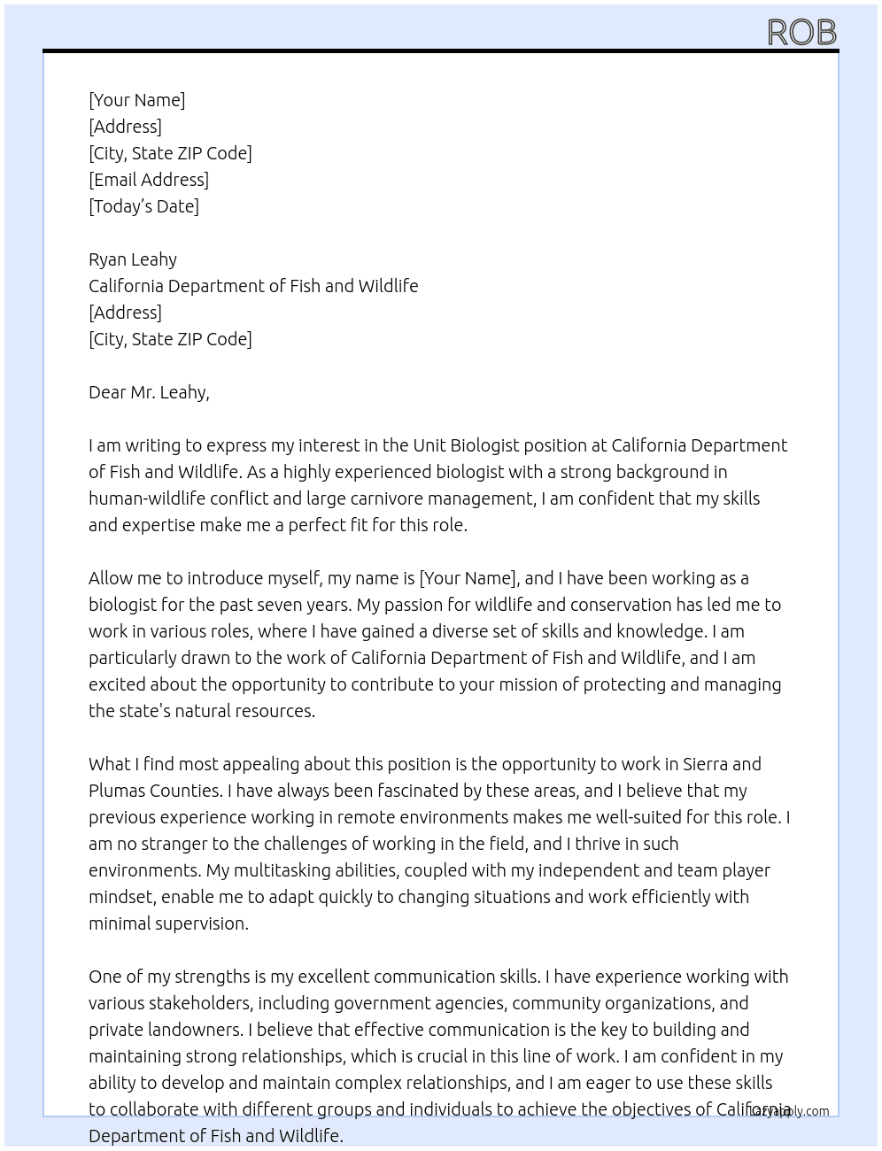 Unit Biologist  At California Department of Fish and Wildlife Cover Letter