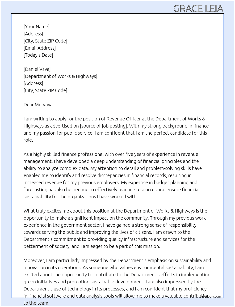 Revenue Officer At Department Of Works & Highways Cover Letter