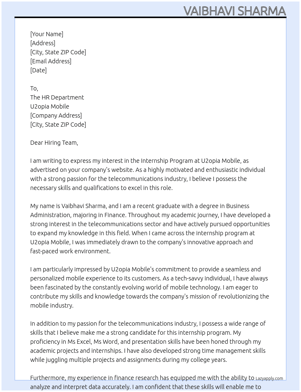 Internship program  At U2opia mobile Cover Letter