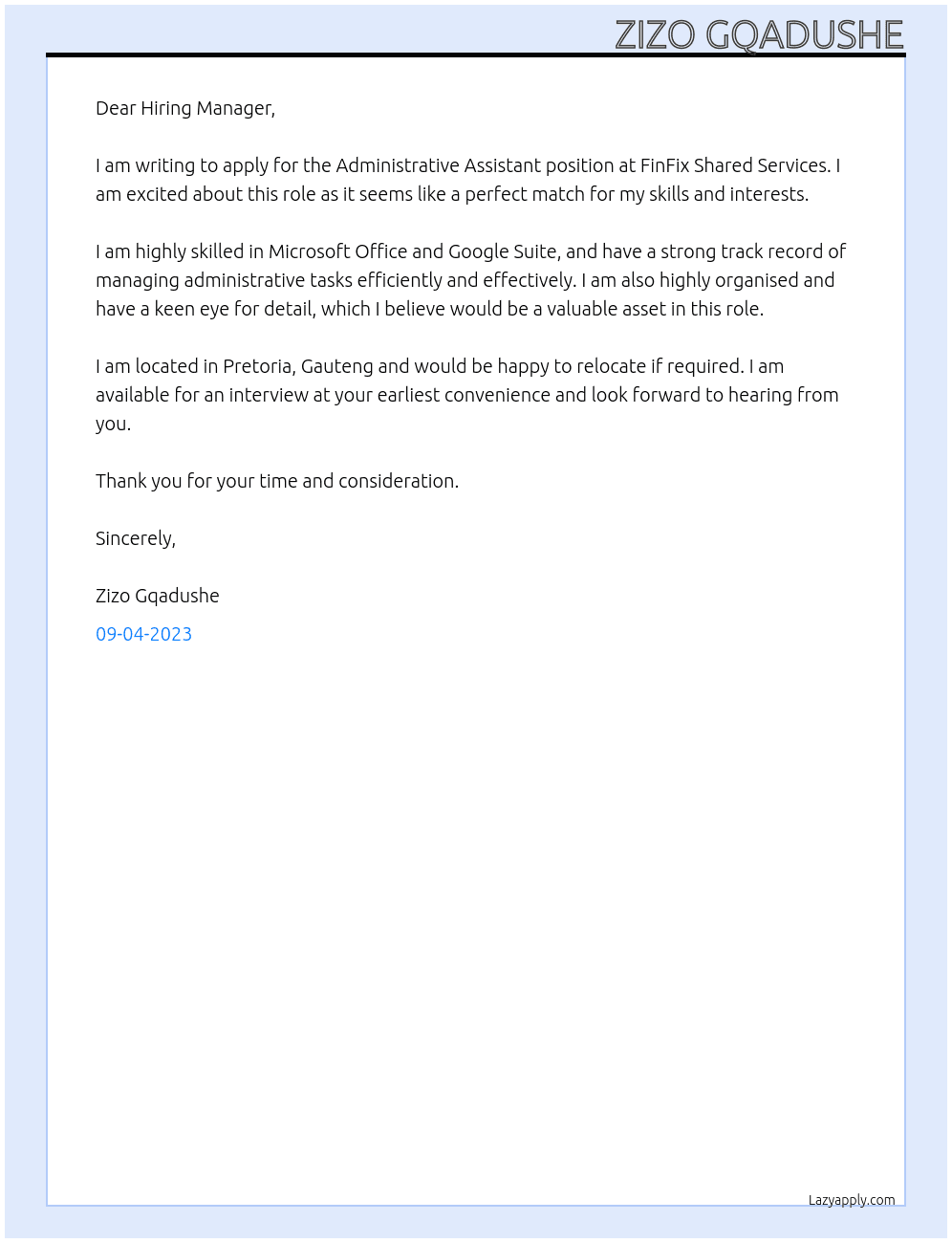 Administrative Assistant At FinFix Shared Services Cover Letter