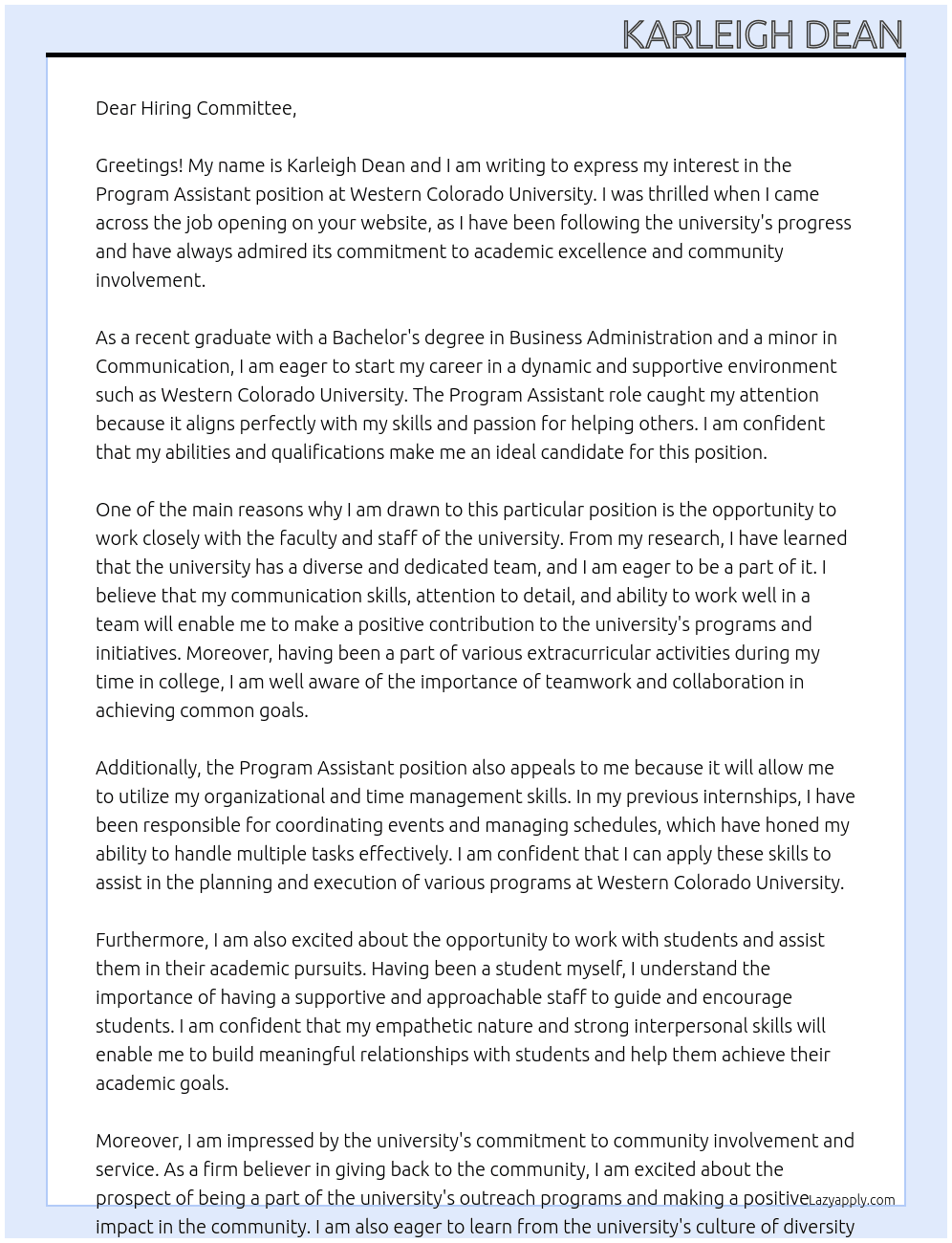 Program Assistant At Western Colorado University Cover Letter