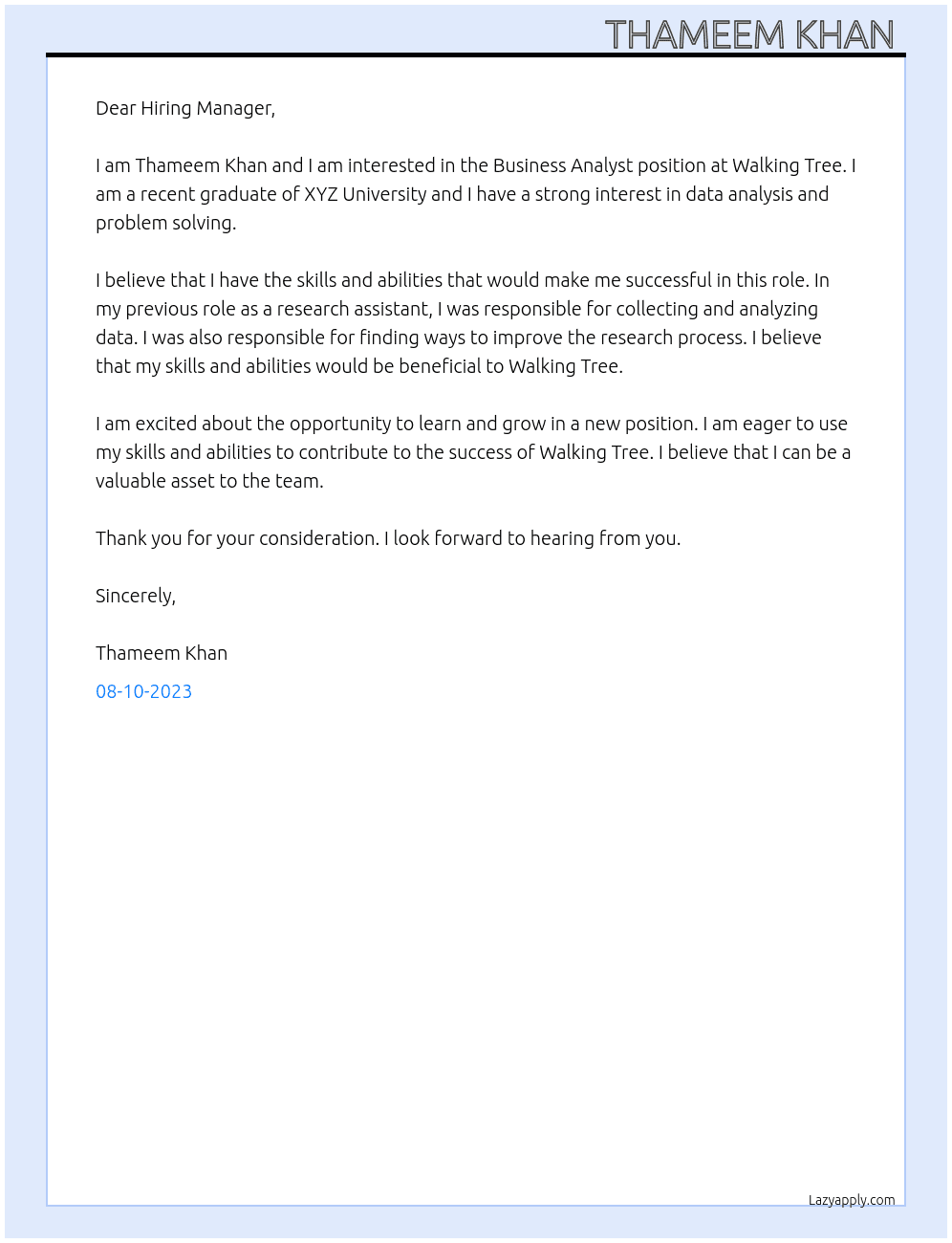 Business Analyst At Walking Tree Cover Letter