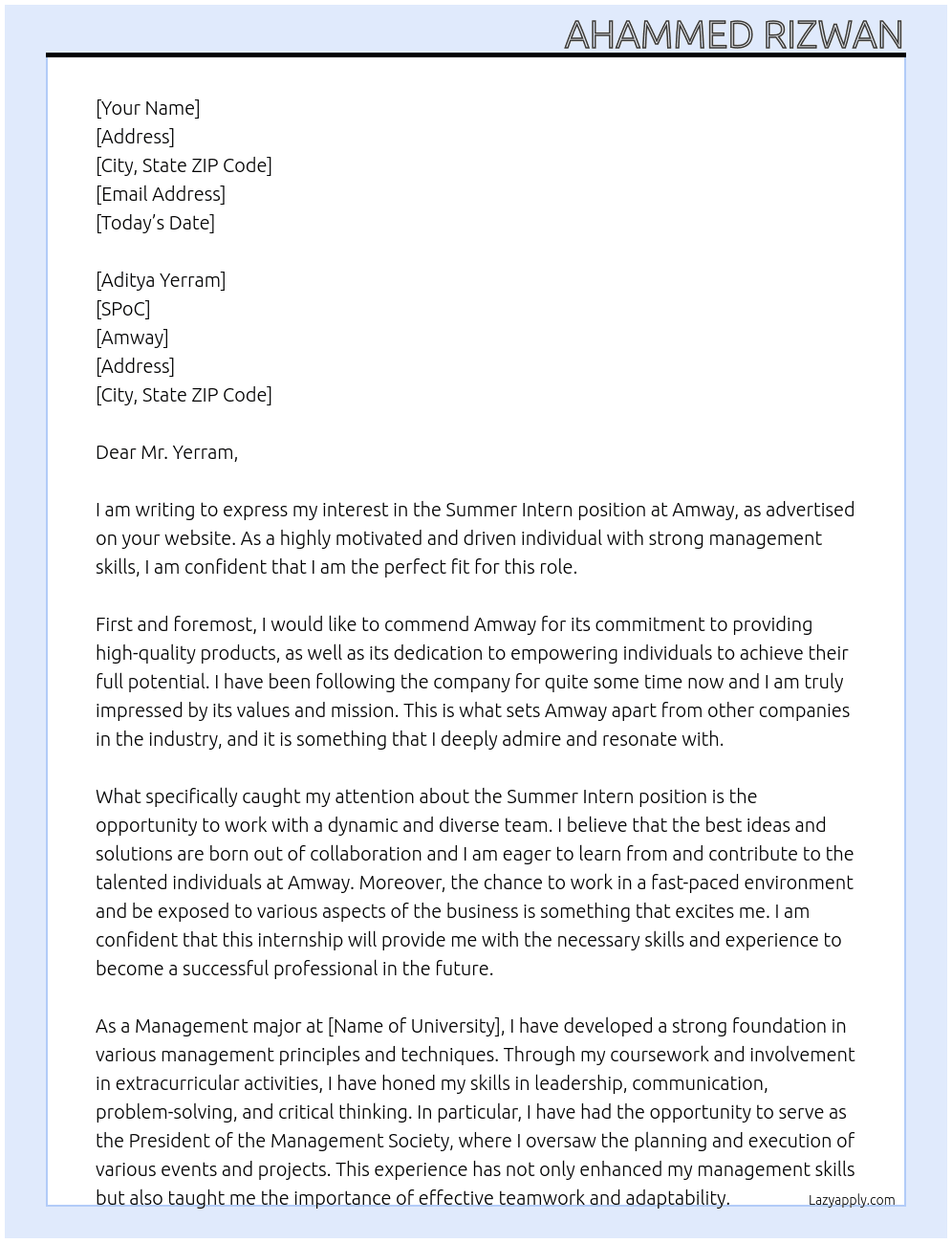 Summer Intern At Amway Cover Letter