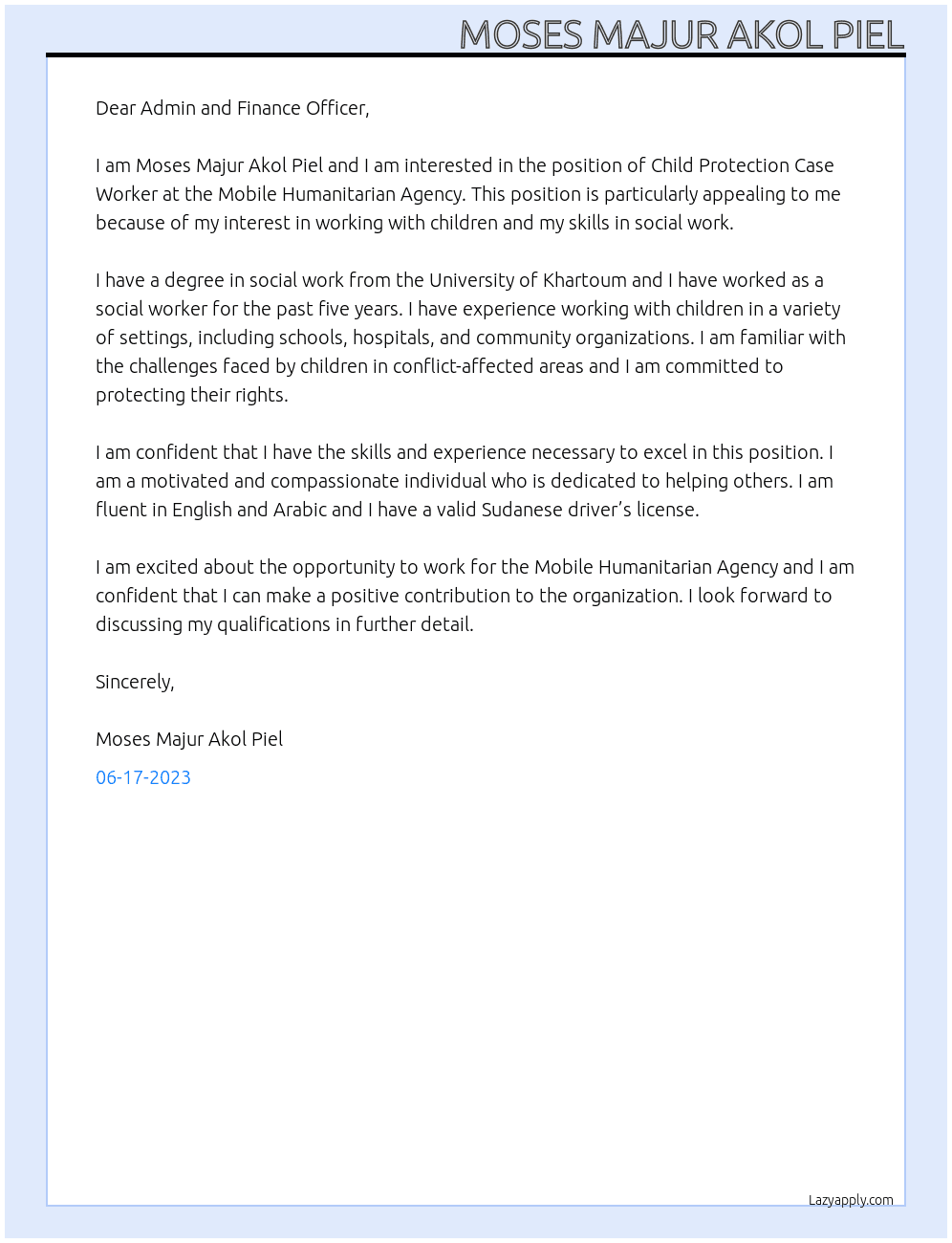 Child Protection Case Worker At Mobile Humanitarian Agency Cover Letter
