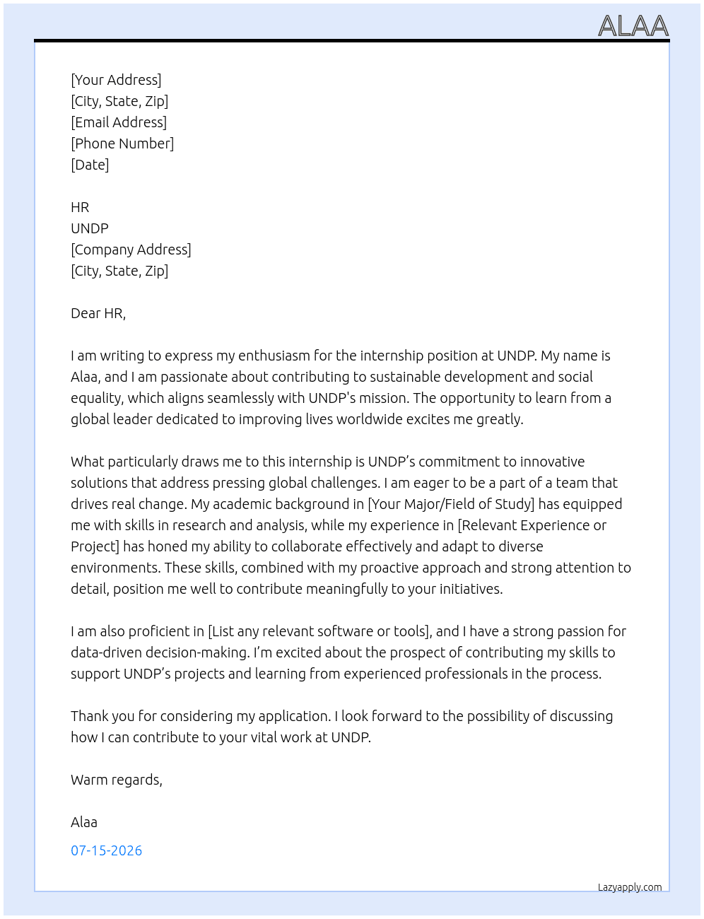 internship At UNDP Cover Letter