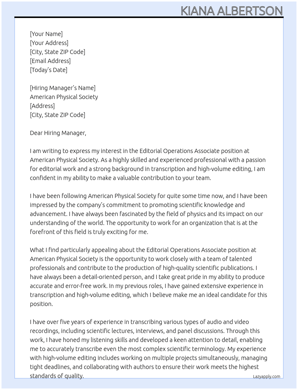 Editorial Operations Associate At American Physical Society Cover Letter