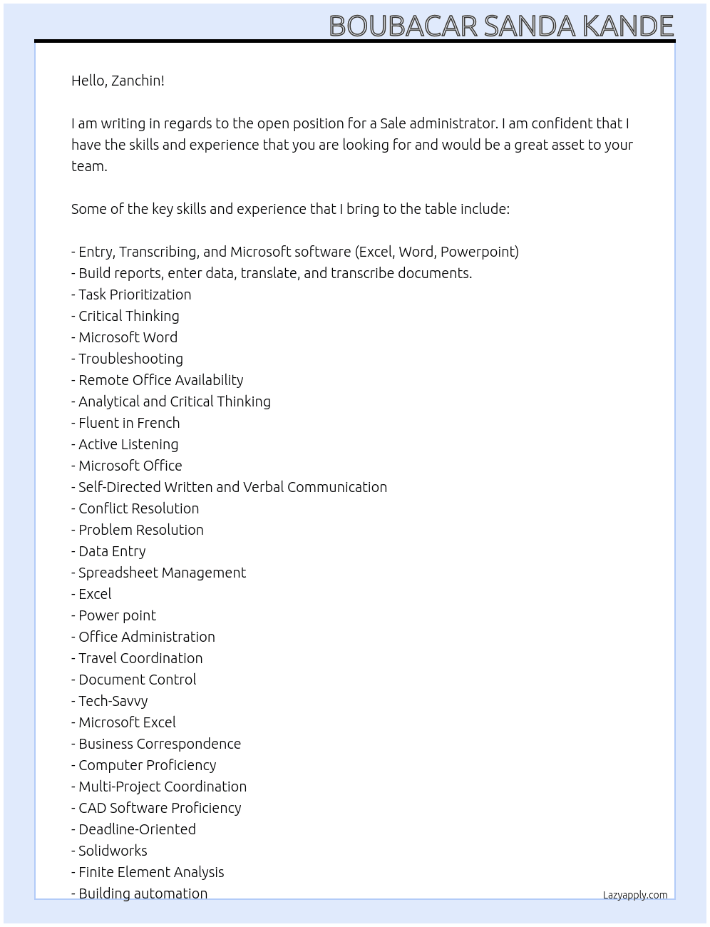 Sale administrator At Zanchin Cover Letter
