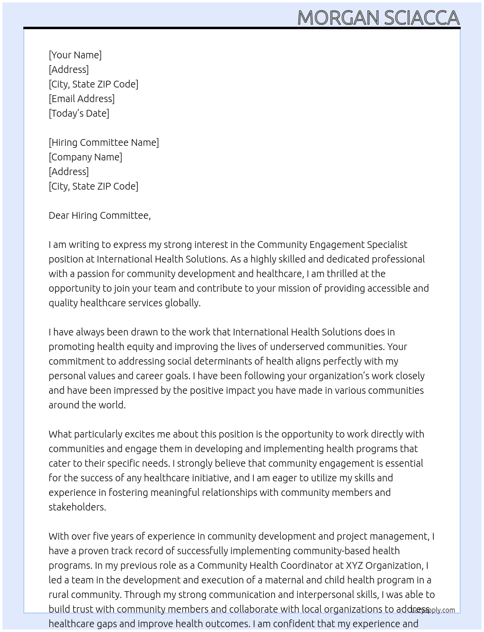 Community Engagement Specialist At International Health Solutions Cover Letter