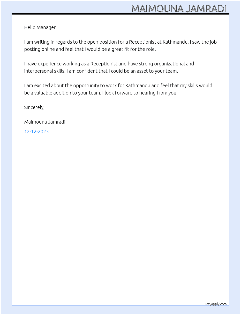 Receptionist  At Kathmandu Cover Letter