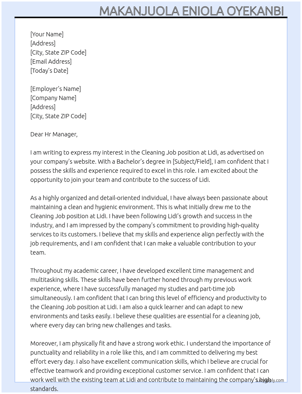 Cleaning Job  At Lidi Cover Letter