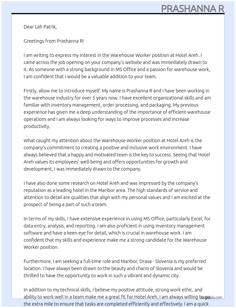 Warehouse worker At HOTEL AREH Cover Letter