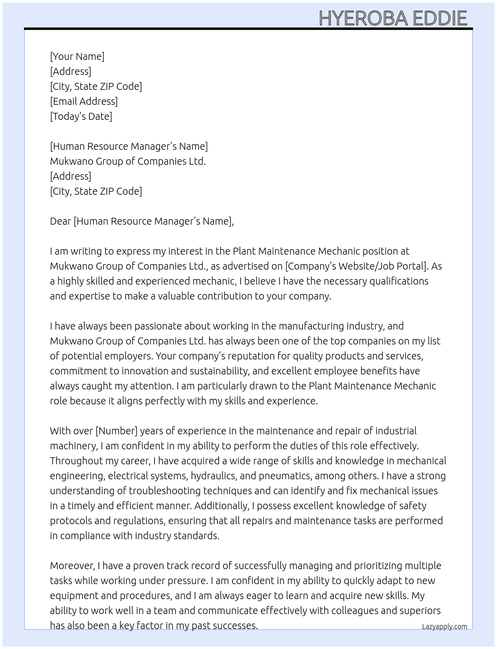 Plant maintenance mechanic  At Mukwano group of companies ltd Cover Letter