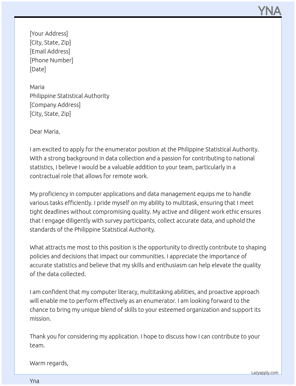 enumerator At Philippine Statistic Authority Cover Letter
