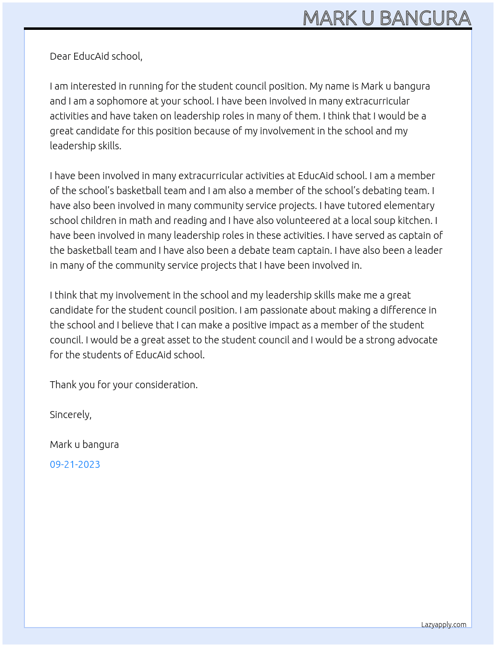 student council At EducAid school Cover Letter