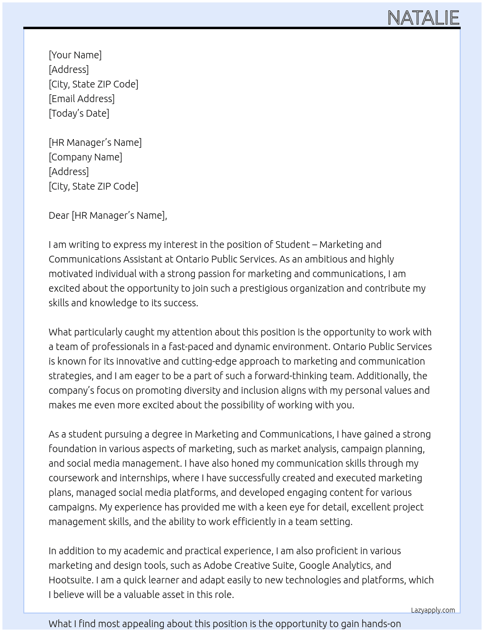 Student – Marketing and Communications Assistant At Ontario Public Services Cover Letter