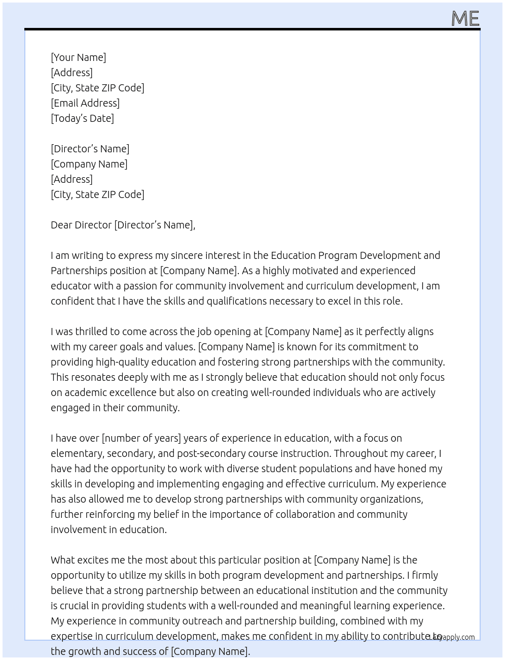 Education Program Development and Partnerships At you Cover Letter