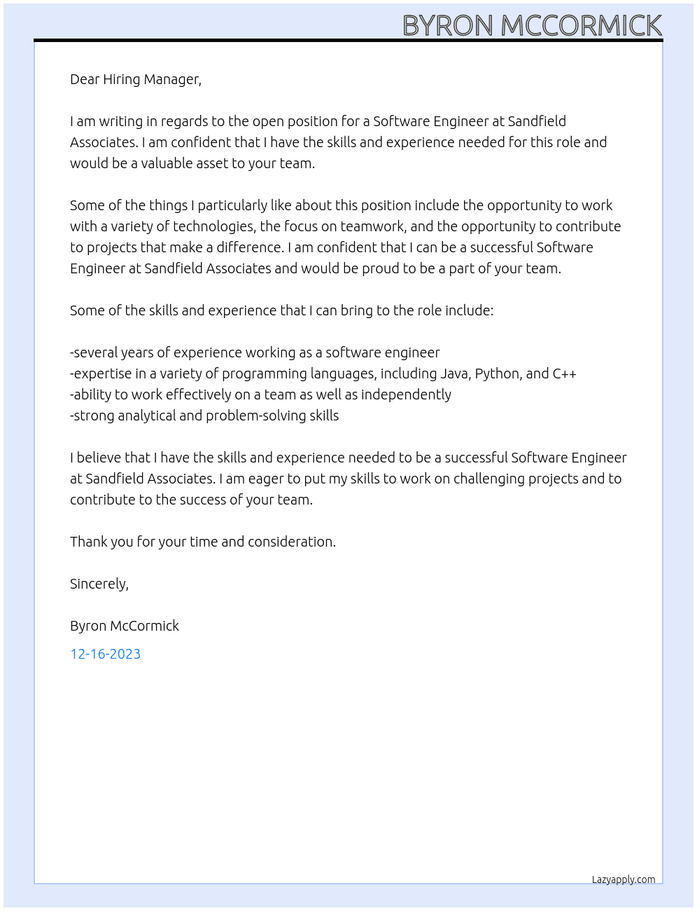 Software Engineer At Sandfield Associates Cover Letter