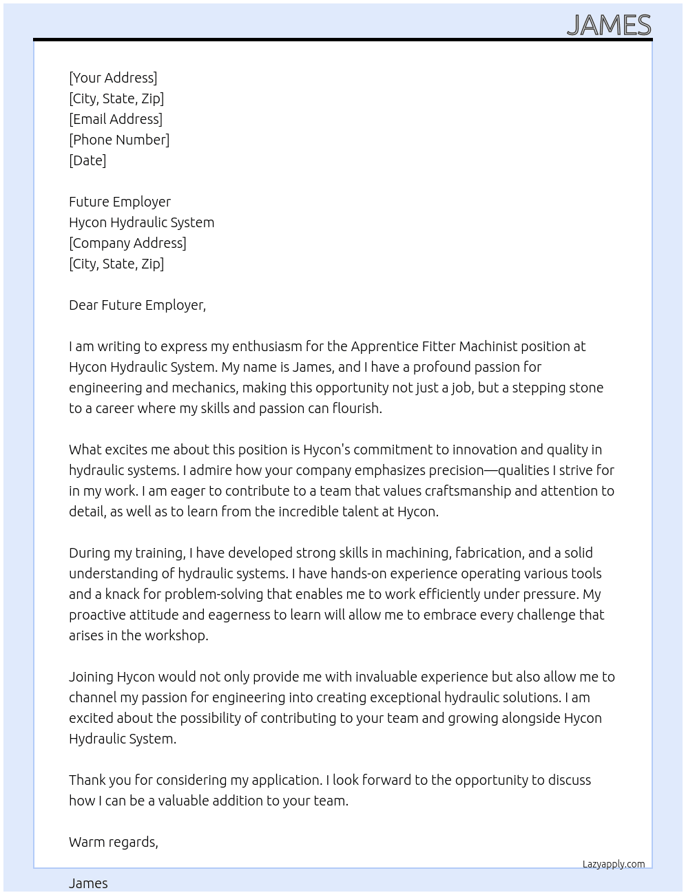 Cover letter for apprentice fitter machinist - LazyApply