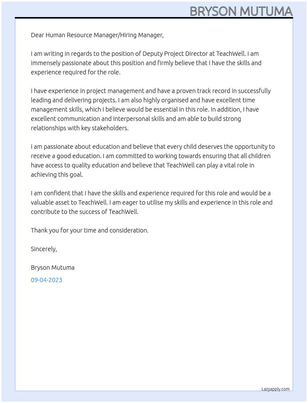 TeachWell Deputy Project Director At church world service Cover Letter