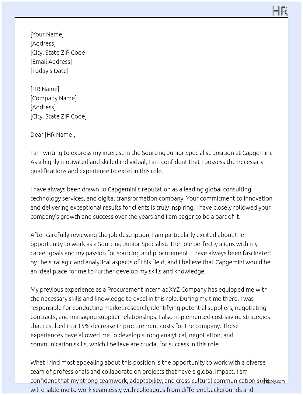Sourcing junior specialist  At Capgimini  Cover Letter