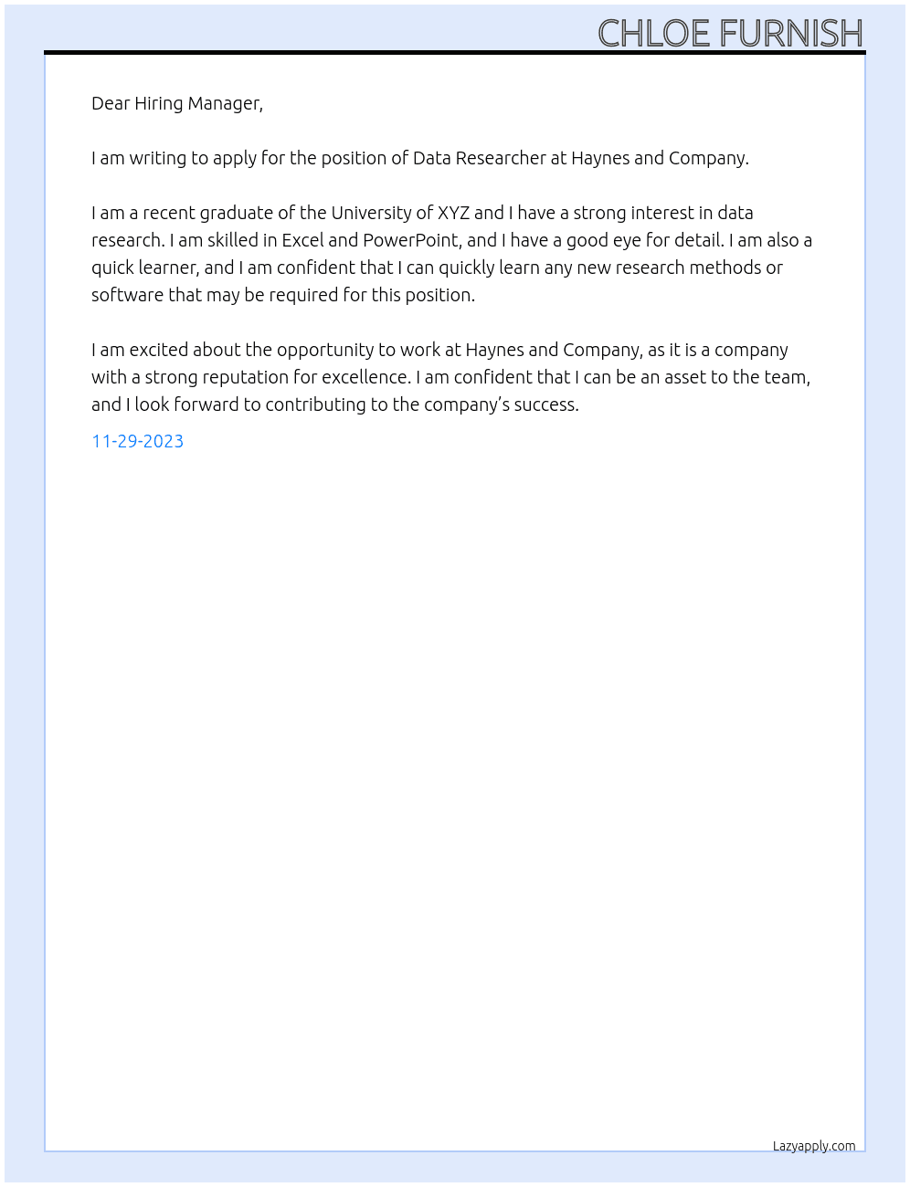Data Researcher At Haynes and Company Cover Letter