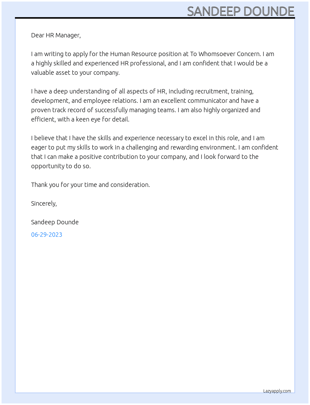 Human Resource Profile At To Whomsoever Concern  Cover Letter