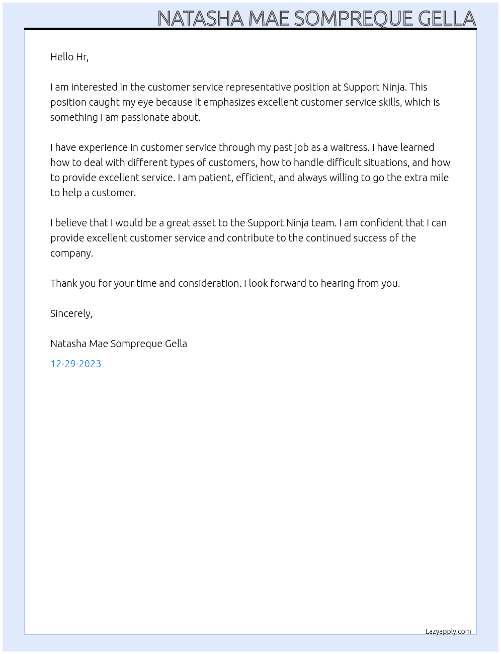 Customer service  Representative At Support Ninja Cover Letter