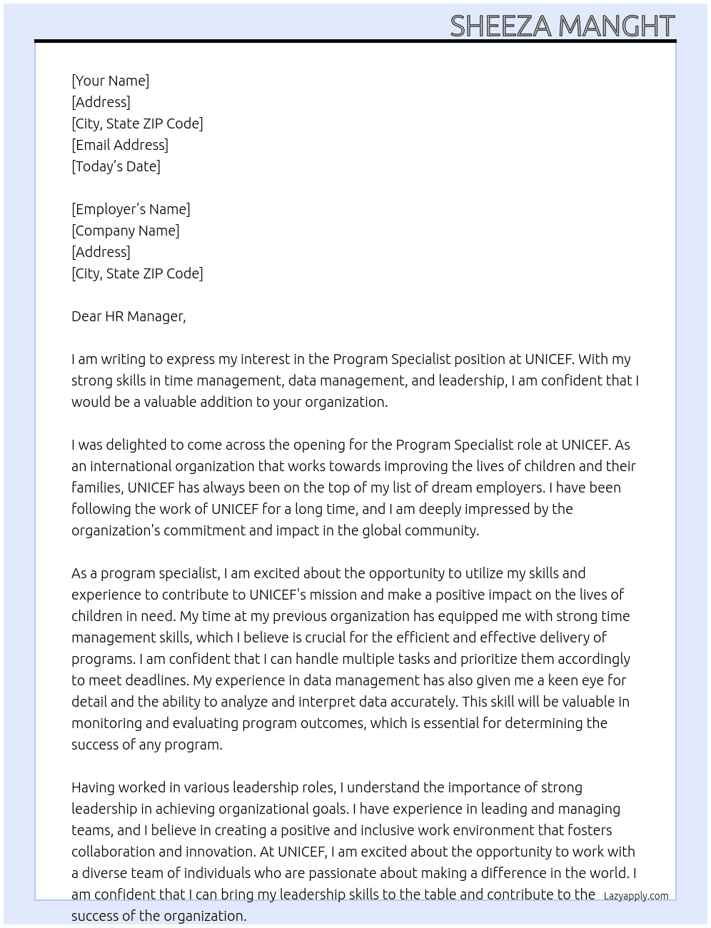 Program Specialist At UNICEF Cover Letter
