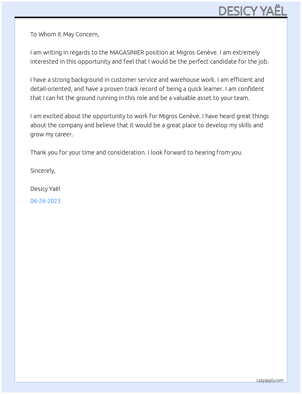 MAGASINIER At Migros Genève Cover Letter