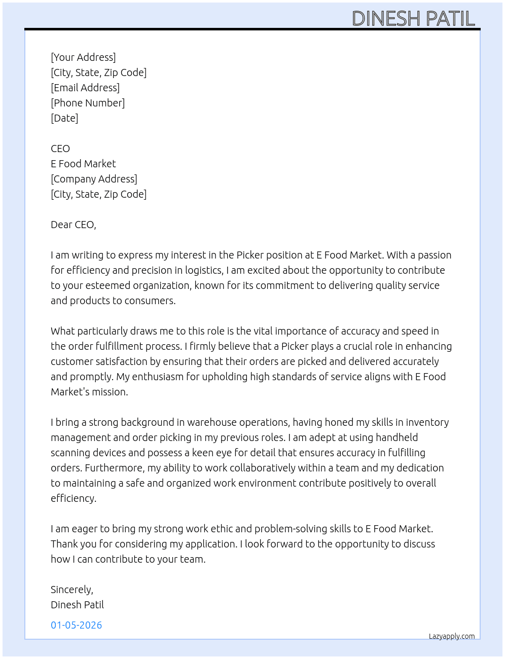 Picker At E food market  Cover Letter
