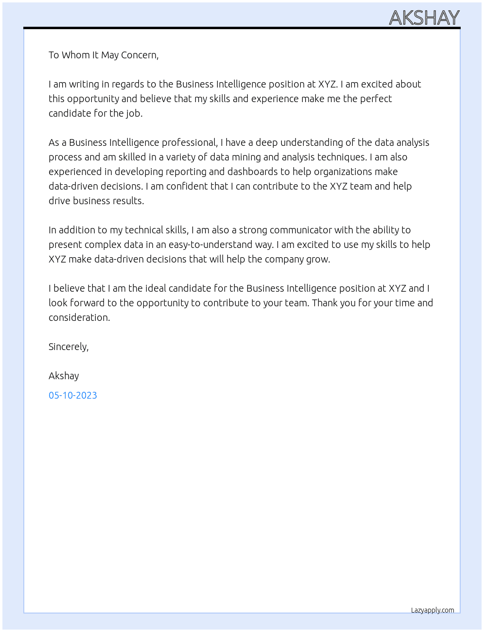 Business Intelligence At XYZ Cover Letter