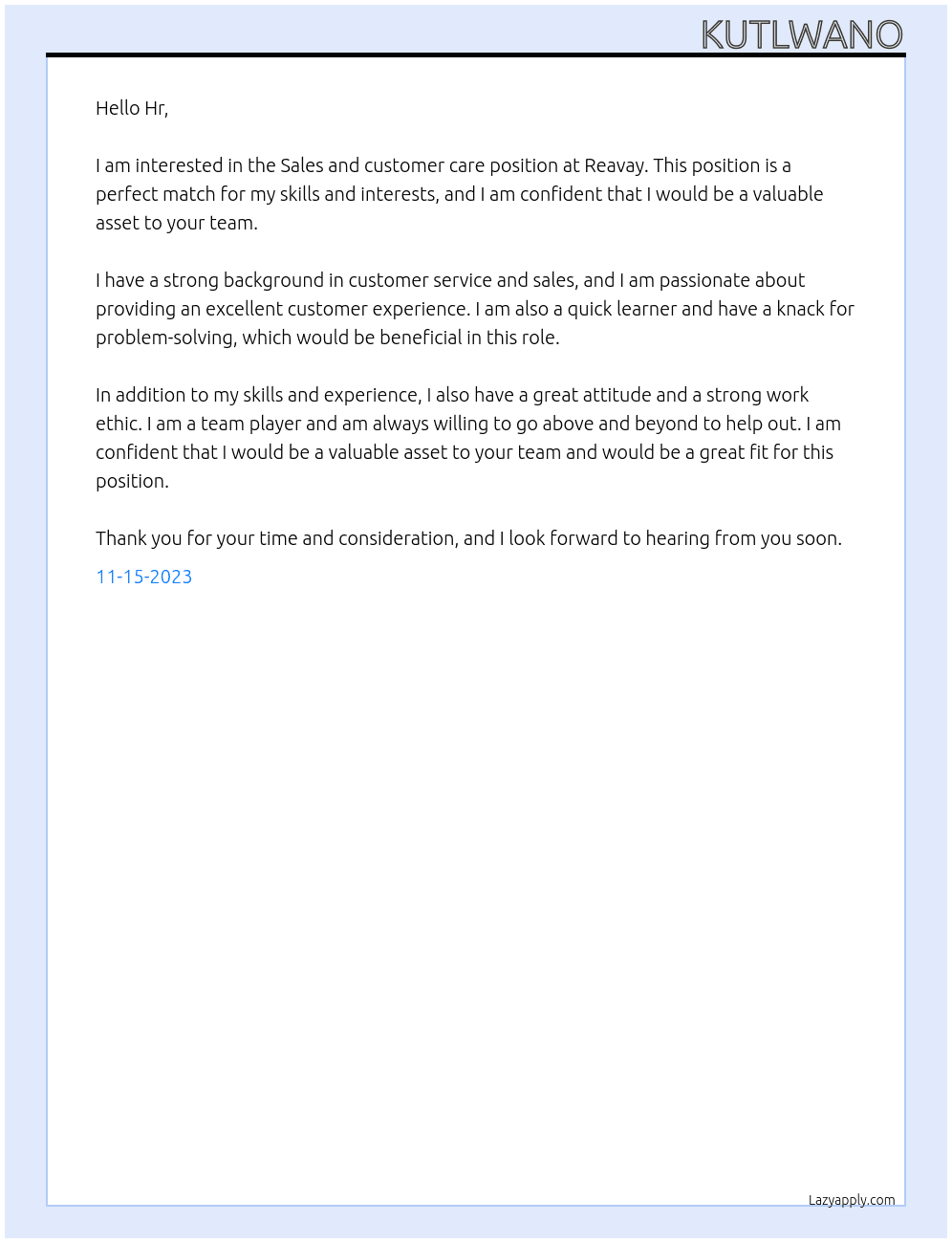 Sales and customer care At Reavay Cover Letter