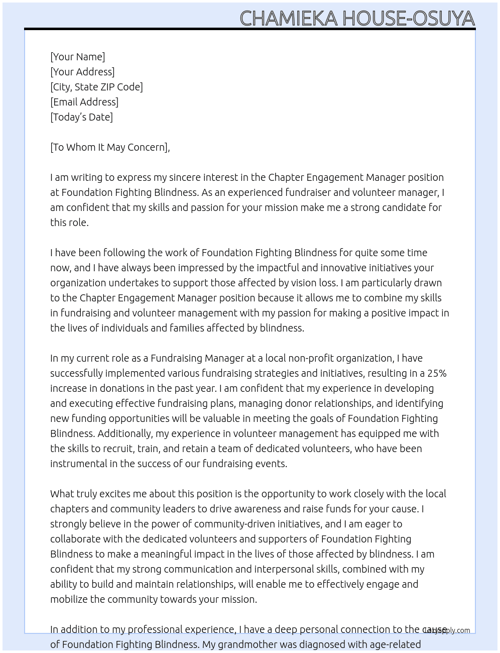 Chapter Engagement Manager At Foundation Fighting Blindness Cover Letter