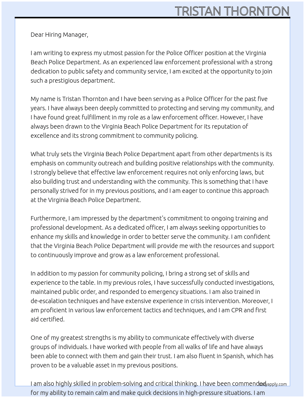 Police Officer At Virginia Beach Police Department Cover Letter