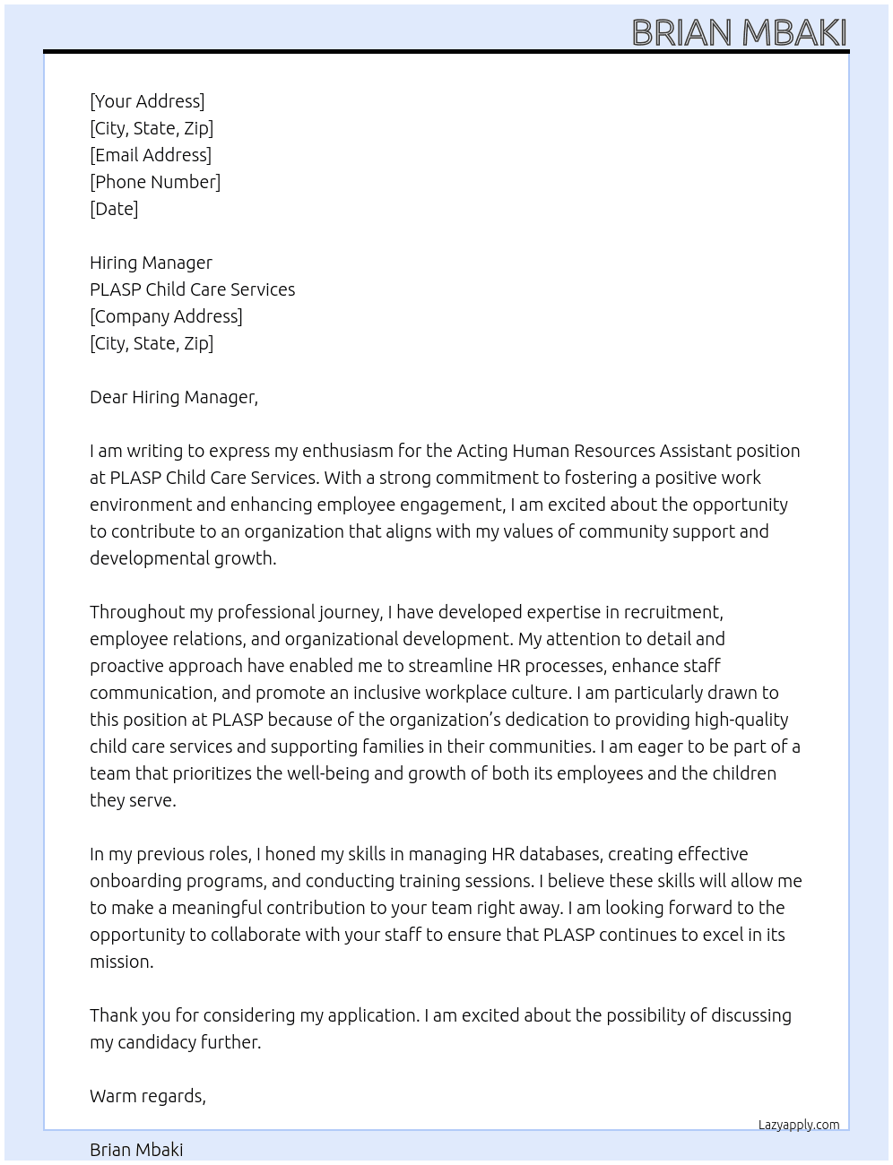 Acting Human Resources Assistant At PLASP Child Care Services Cover Letter
